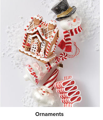 Snowman, gingerbread house and Santa Christmas ornaments. Shop ornaments.