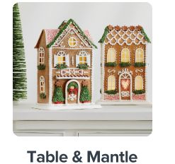 Christmas village buildings. Shop table and mantle.