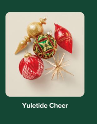 Red, gold and green ornaments. Shop Yuletide Cheer.