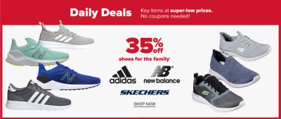 A variety of athletic shoes. Two Adidas shoes in black and gray, two New balance shoes in green and blue, and three Skechers shoes in gray, black and blue. Thirty percent off shoes for the family from Adidas, New Balance and Skechers. Shop now. 
