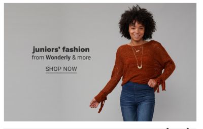 A young woman in a dark orange sweater, jeans and necklace. Juniors' fashion from Wonderly, True Craft and more. Shop now.