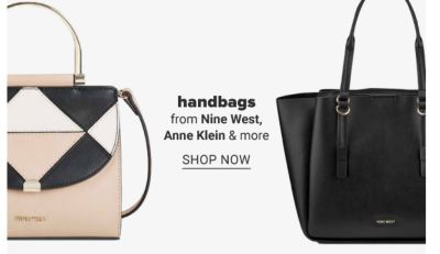 A light pink handbag with black and white accents. A black handbag. Handbags from Nine West, Anne Klein and more. Shop now.