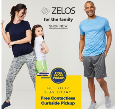 A woman in a navy tee, white, gray and navy heathered leggings and navy sneakers. A girl in a white tee and neon shorts. A man in a blue tee, gray shorts and gray sneakers. Zelos for the family, shop now.
