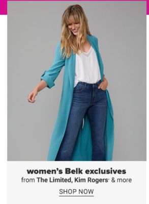 A woman with a white cami, long green duster sweater and jeans. Women's Belk exclusives from The Limited, Kim Rogers and more. Shop now.