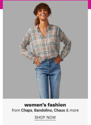 A woman in a plaid button front top and jeans. Women's fashion from Chaps, Bandolino, Chaus and more. Shop now.