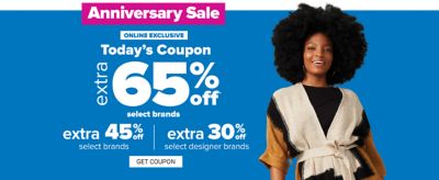  A woman in a black top and a white, black and dark yellow colorblock sweater. Anniversary sale. Today's coupon, extra 60% off select Belk exclusions and national brands. Extra 40% off select national brands. Extra 25% off select designer brands. Get coupon. 