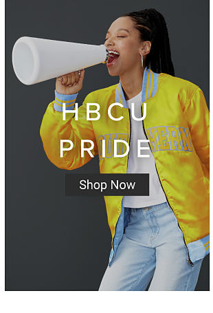 Image of woman with megaphone and letter jacket HBCU PRIDE Shop Now