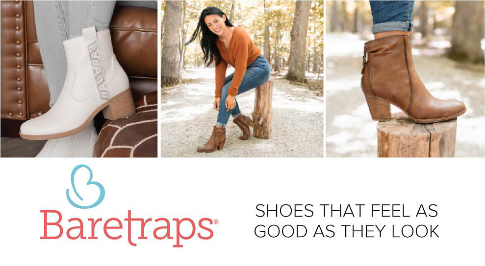 An image of a white boot with a snakesin-patterned striped along the side. An image of a woman sitting on a log. she wears jeans, a sweater and brown leather boots. An image of a brown leather boot on a log. Baretraps. Shoes that feel as good as they look. 