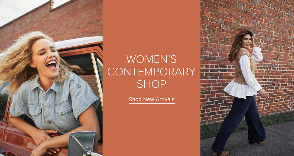 Woman sticking her head out of a car window wearing a denim collard shirt. Woman walking in front of a break wall wearing a big white button down shirt, light brown sweater vest and navy blue pants. Women's contemporary shop. Shop new arrivals.