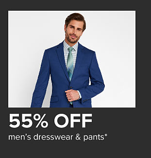 Man in a blue blazer, white button down and light blue tie. 55% off men's dresswear and pants. 
