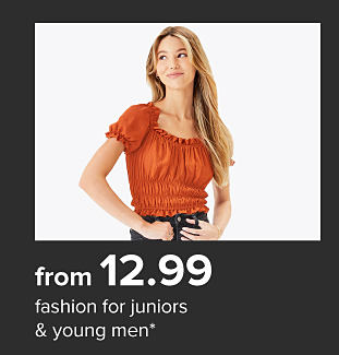 Young woman wearing a ruched orange blouse. From $12.99 fashion for juniors and young men.
