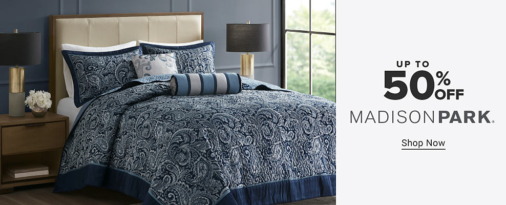 Image of blue and grey paisley bedding. Up to 50% off Madison Park. Shop now.