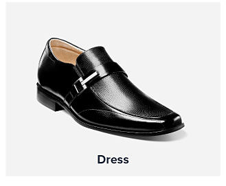 A black leather dress shoe. Shop dress.