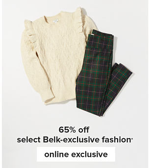 A beige top with ruffled shoulders and green, blue and red plaid pants. 65% off select Belk exclusive fashion. Online exclusive. 