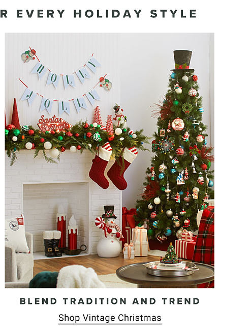 Image of living room with Christmas Decor. Blend Tradition And Trend. Shop Vintage Christmas.