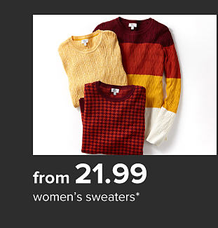 Yellow sweater, red patterned sweater, and striped sweater. From $21.99 women's sweaters