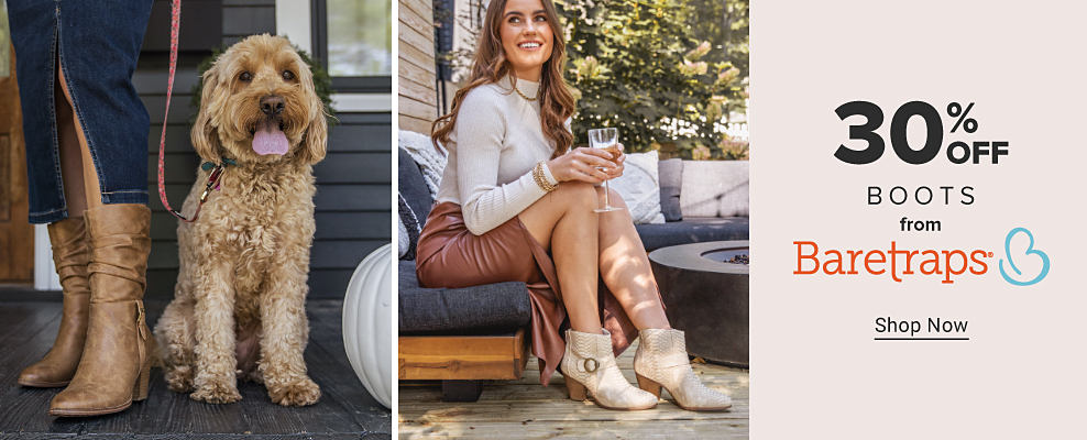 Image of a woman wearing brown heeled boots and walking a dog. Image of a woman wearing a beige turtleneck, brown skirt and beige booties. 30% off boots from BareTraps. Shop now.