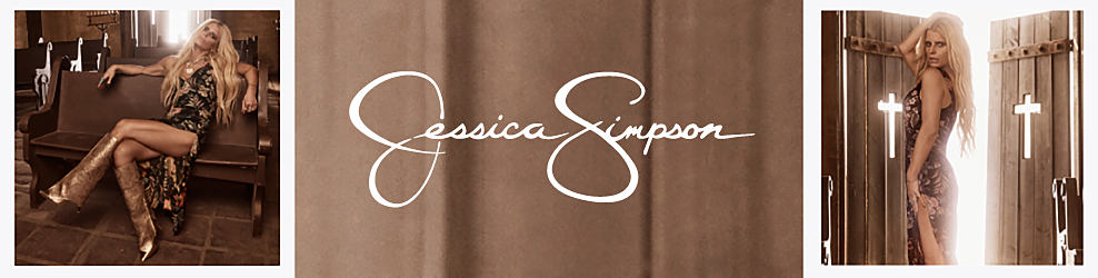 Image of a woman wearing a patterned black dress and metallic gold boots. Jessica Simpson logo.