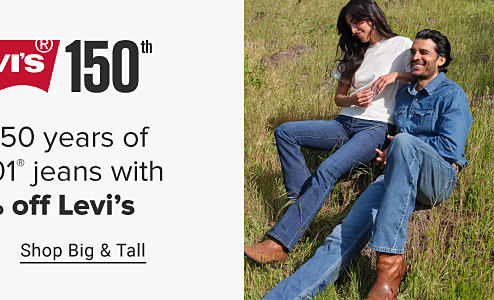 Shop big and tall. A man in jeans and a denim jacket. A woman in jeans and a white t-shirt. 