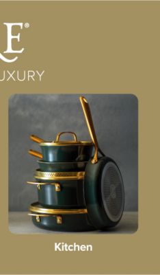 A green cookware set with gilded handles. Shop kitchen.