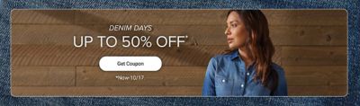 A woman in a blue shirt and jeans. Denim Days, up to 50% off. Get coupon. Now through October 17.