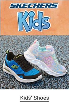 A kids' sneaker in blue, black and green. A kids' sneaker in a pastel multi-color print. Skechers kids. Shop kids' shoes.