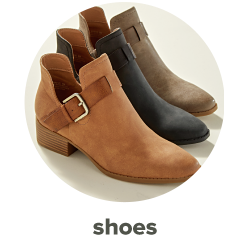 3 booties with a side buckle in camel, black and taupe. Shop shoes.