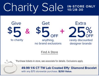 Charity sale. In-store only 10/28-30. Pre-shop 10/6-10/27 and pick up your order starting 10/28. Give $5 to charity and get $5 off anything no brand exclusions plus extra 25% off rarely discounted designer brands. Find a store. Purchase tickets in store, see associate for details. Exclusions apply.