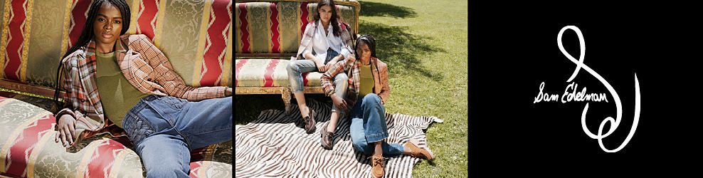 An image of a woman in a plaid blazer and jeans lies on a couch. An image of two women in jeans, plaid and leather shoes sitting on a couch outside. Sam Edelman logo.