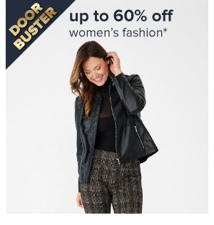 Doorbuster up to 60% off women's fashion. An image of a woman posing. Shop now.
