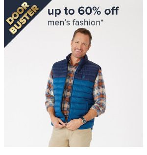 oorbuster up to 60% off men's fashion. An image of a man wearing a plaid shirt under a puffer vest. Shop now.