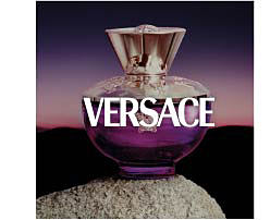 A purple perfume bottle. Shop Versace.