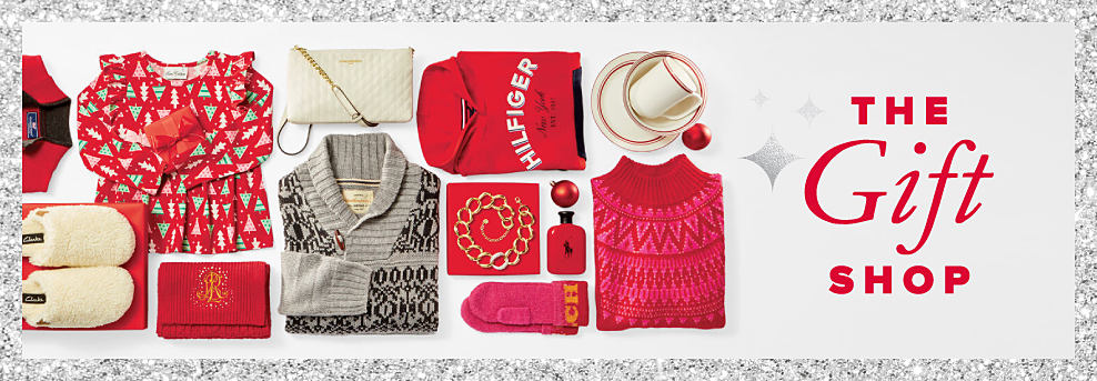 An assortment of red, white and gray gifts, including sweaters, perfumes, slippers and more. The Gift Shop. Shop now. 