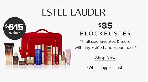 A red Estee Lauder bag and various beauty products. $85 gift set. 11 full size favorites and more with any Estee Lauder purchase. While supplies last. Shop now.