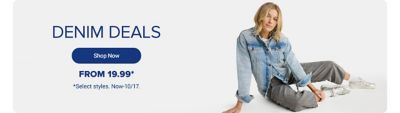 A woman in a blue denim jacket and gray jeans. Denim deals. From 19.99 select styles, now through October 17. Shop now.