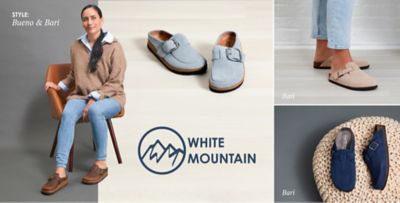 Image of a woman wearing a brown sweater over blue button down with jeans and brown slip on shoes. Collage of slip on shoes in different colors. Style. Bueno and Bari. White mountain logo.