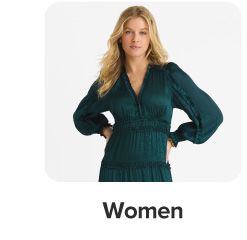 A woman in a green dress. Shop women.