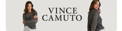 Two images of a woman wearing Vince Camuto apparel and the Vince Camuto logo.