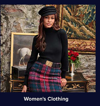 An image of a woman in a black turtleneck and plaid skirt. Shop Women's Clothing.