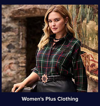 An image of a woman in a plaid skirt. Shop women's plus clothing.