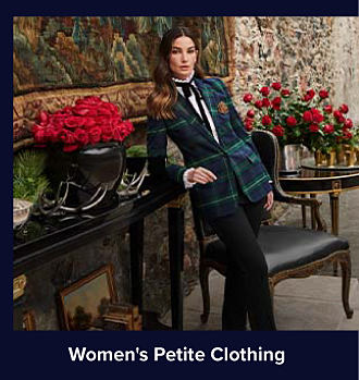 An image of a woman in a plaid blazer. Shop women's petite clothing.