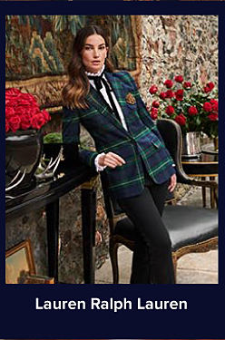 An image of a woman wearing a plaid sports coat and black pants. Shop Lauren Ralph Lauren.