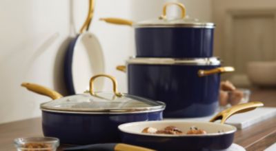 A blue cookware set. Shop home.