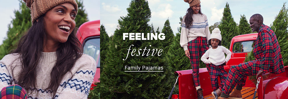A family at a tree farm, all wearing matching pajama bottoms or sweaters. Feeling festive. Shop Family Pajamas. 