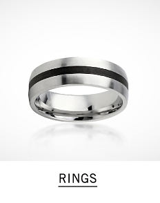  A silver tone men's ring with a black stripe in the middle. Shop men's rings.
