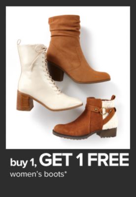 Assortment of heeled brown and white boots. Buy 1, get 1 free women’s boots.