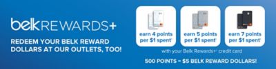 Belk Rewards plus. Redeem your Belk Reward dollars at our outlets, too! Earn 4 points per $1 spent, earn 5 points per $1 spent, earn 7 points per $1 spent, with your Belk Rewards plus credit card. 500 points equal $5 Belk Reward dollars!