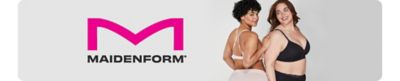 Maidenform logo. Image of 2 women. One is wearing a strappy white bra and matching underwear. The other is wearing a black bra and matching underwear.
