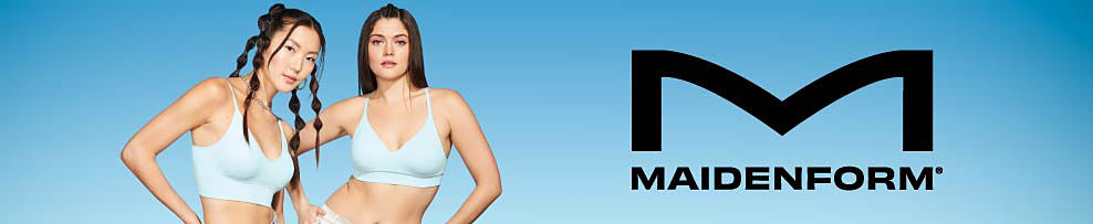 An image of two women wearing light blue bras from Maidenform. The Maidenform logo.