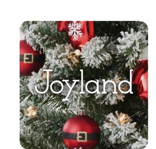 Bring home the best brands. An image of a Christmas tree with ornaments and the Joyland logo. 